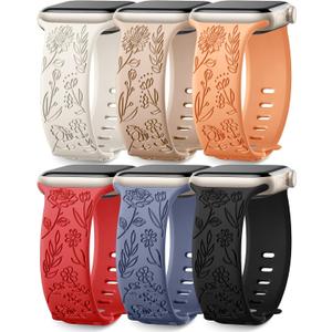 SNBLK 6 Pack Floral Engraved Bands Compatible with Apple Watch Bands 40mm 41mm 42mm 38mm 44mm 45mm 46mm 49mm Women Men, Silicone Flower Pattern Strap for iWatch Series 11 10 Se Ultra 9 8 7 6 5 4 3 2 1