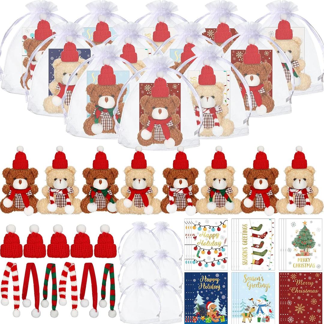 Poen 24 Set 4 Inch Mini Christmas Stuffed Plush Bear with Santa Hat Scarf Christmas Cards Organza Bags Xmas Stuffed Small Bear Toy Set for Xmas Holiday Party Favor (Stylish Style)