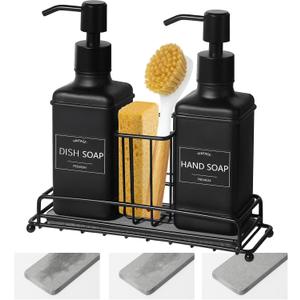Dish Soap Dispenser with Adjustable Sponge Holder, 10 fl oz Kitchen Hand and Dish Soap Dispenser Set, Matte Black Bottle and Vintage Design