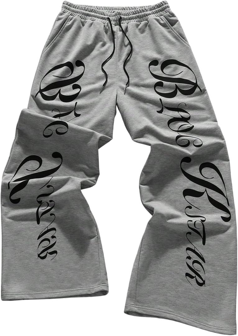 Men's Graphic Letter Wide Leg Sweatpants Drawstring Waist Street Sport Pants with Pockets (Gray, S)