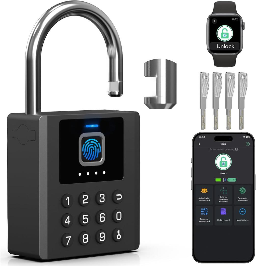 Eseesmart Heavy Duty Fingerprint Padlock with Key, Smart Combination Gate Lock, High Security 8mm Shackle with Double Notch Outdoor Weatherproof for Gate Fence Shed Storage Unit Containers