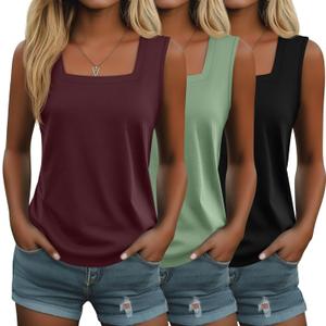 Huukeay Pack of 3 Summer Women's Tank Tops Cotton Sleeveless Shirt Loose Fit Square Neck Tank Top with Side Slits (XX-Large, Black, Wine Red, Green)