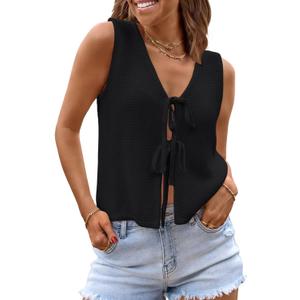LILLUSORY Womens Summer Tops Beach Vacation Spring Outfits Cute Y2K Trendy Sweater Vest 2026 Tank Tie Front Crochet Clothes (Black, XL)