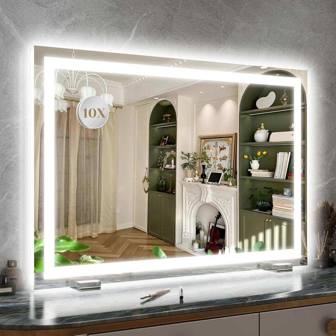 ROLOVE 32x 22 Inch Large Lighted Vanity Mirror with Dimmable 3 Modes, LED Makeup Mirror for Bathroom Dressing Room, Tabletop or Wall-Mounted, White