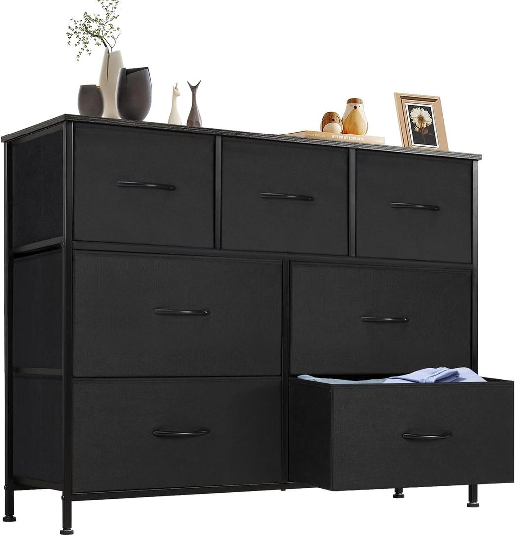 NEWBULIG 7 Drawer Fabric Storage Dresser with Robust Steel Frame and Premium Wood Top Spacious Modular Storage System for Bedroom Closet Living Room and Apartment Organization,Black (11.8"D x 39.5"W x 30.3"H (7 Drawers))