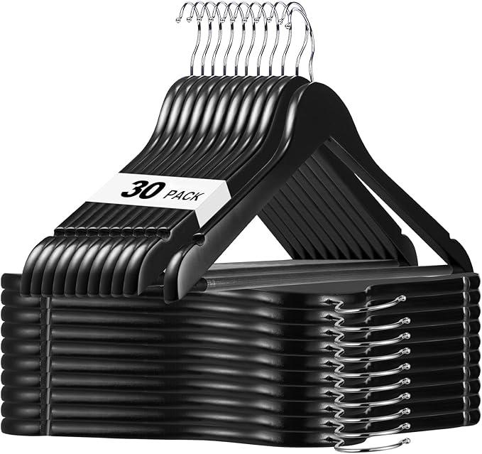 HOUSE DAY Black Wooden Hangers 30 Pack, Solid Wood Hanger with Non Slip Pant Bar, Heavy Duty Wooden Coat Hanger for Closet, Smooth Finish Wood Clothes Hangers for Shirts, Suits Jackets, Dress