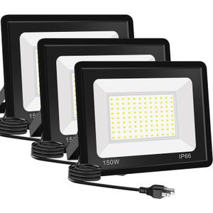 3 Pack 150W LED Flood Light, 19,500LM High Brightness Security Lighting, IP66 Waterproof Outdoor Flood Lights with Plug, 5000K Daylight White Floodlight for Yard, Workshop, Driveway