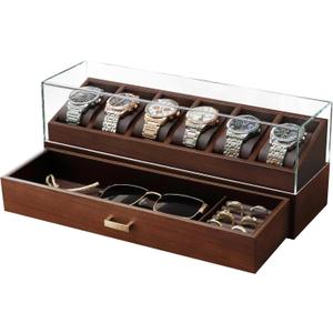 KAMIER High End Wooden Watch Box with 6 Slots & Glass Lid - 2-Layer Jewelry Organizer for Men - Watch Display Case, Ideal Business Gift for Watch Enthusiasts with Gift Box, Walnut