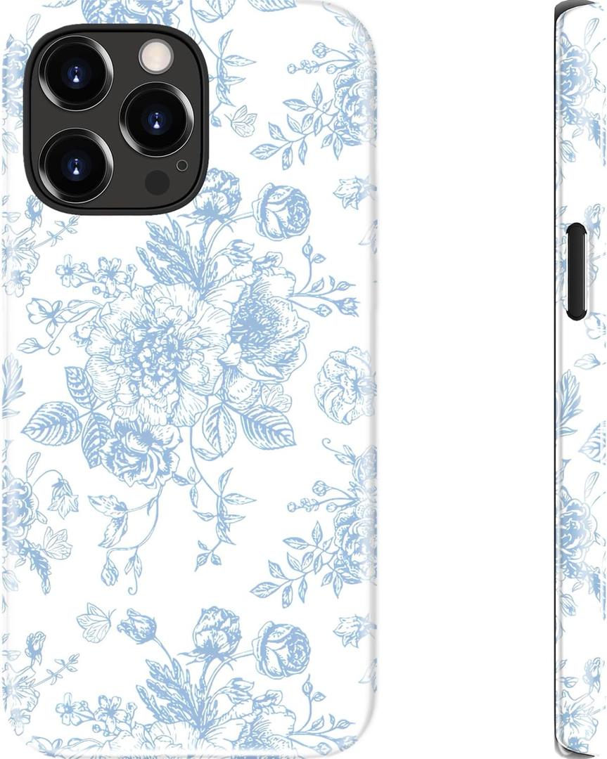 MERRO for iPhone 15 Pro Case - Wireless Charging Compatible - Dual-Layer Hard Shell & Silicone Cover - Protective Phone Case with Cute Wildflower Designs for Women - Azure Blossom