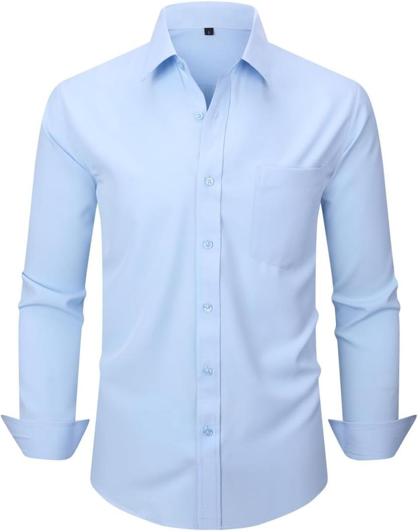Men's Dress Shirts Long Sleeve Button Down Shirt Business Formal Stretch Shirt Regular Fit with Pockets (Blue, L)
