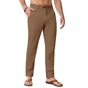 JWM Linen Dress Pants for Men Summer Casual Beach Lightweight Comfy Trousers Travel Vacasion Pants with Zipper Pocket 30" 32" Dark Khaki Size 40