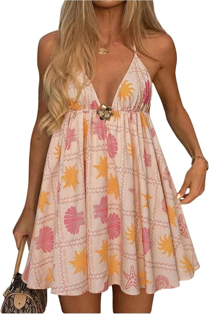 BEAUDRM Women's Y2K Metal Halter Mini Dress Deep V Backless Flowy Summer Vacation Dresses Multi Graphic Medium