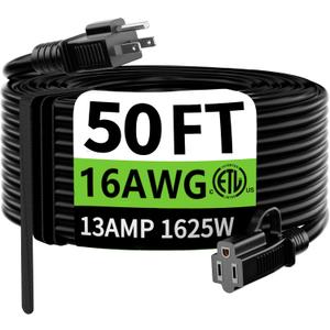 HUANCHAIN Indoor Outdoor Black Extension Cord 50 ft Waterproof, 16/3 Gauge Flexible Cold-Resistant Appliance Extension Cord Outside, 13A 1625W 16AWG SJTW, 3 Prong Heavy Duty Electric Cord, ETL