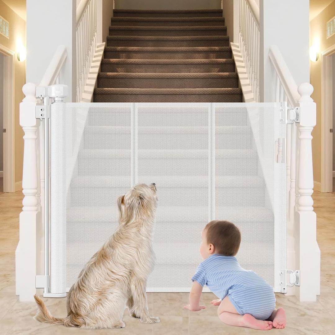 Reinforced Bottom Retractable Child Gate for Stairs Prevents Bottom Drilling Through Baby and Dog 80 Inch Extra Wide Retractable Toddler Gates for Stairs Mesh Baby Gate Retractable Gate for Dogs (White)
