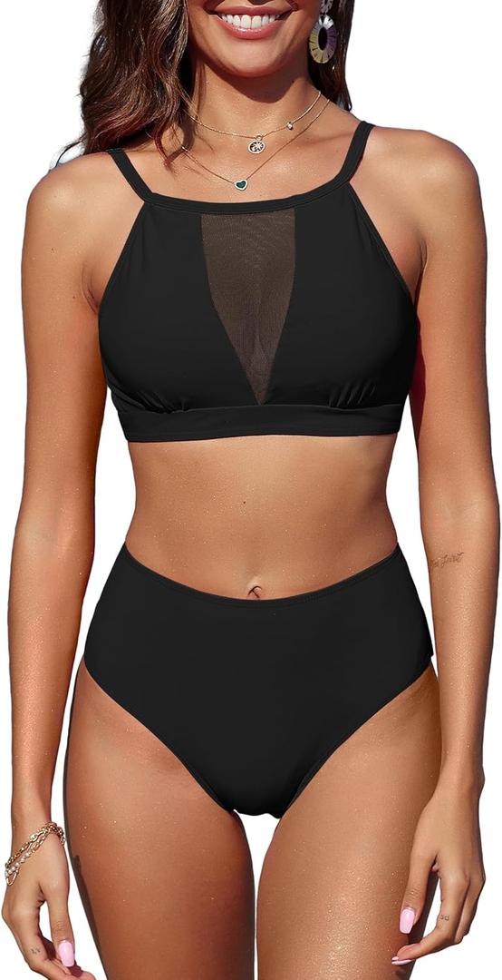 ZAFUL Women's Sheer Mesh Bikini Set High Waisted Tummy Control 2 Piece Tankini Swimsuit Bathing Suit (Large)