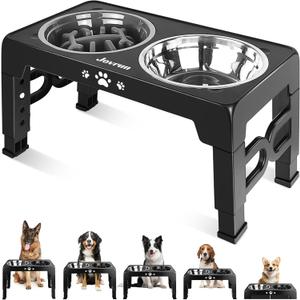 Jovrun Elevated Dog Bowls, Dog Feeder with Stainless Steel Dishes & Slow Feeder Bowl, 5 Heights Adjustable Raised Stand for Medium Large, Food Dishes with Non-Slip Feet (Black)