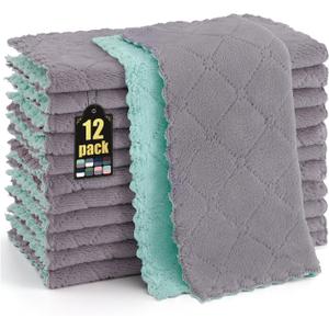 12 Pack Kitchen Cloths Dish Towels (10" x 10", Grey & Green), Super Soft and Absorbent Dish Cloths, Coral Velvet Microfiber Cleaning Cloth, Nonstick Oil Fast Dry Dishcloths