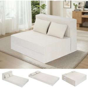 Folding Sofa Bed, 4 in 1 Convertible Sleeper Sofa Bed Chair with Pillow, Twin Memory Foam Loveseat Futon Sleeper Chair, Foldable Futon Couch for Living Room, Bedroom, Guest Room, Beige