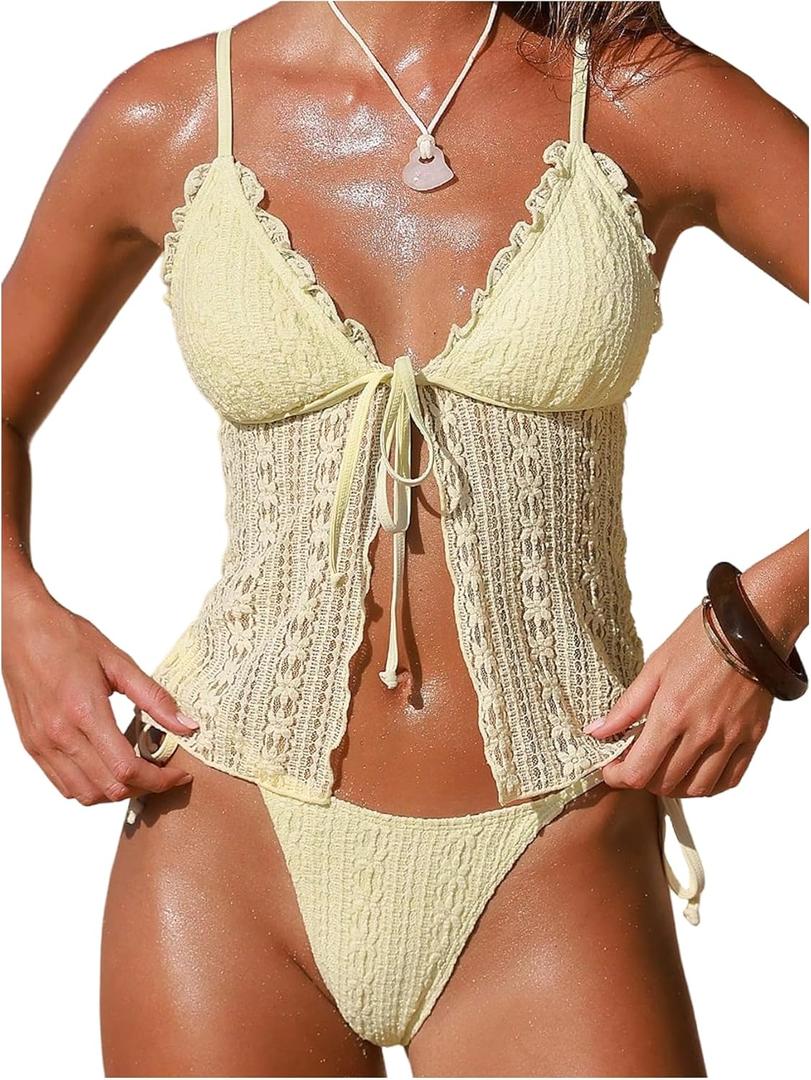SOLY HUX Women's Lace Tankini Swimsuits Frill Tie Side Two Piece Bathing Suit Beachwear (Yellow, M)