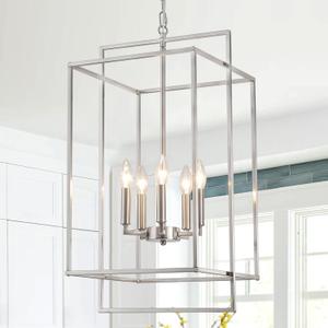 5-Light Brushed Nickel Chandelier, 14.17" Industrial Large Lantern Chandelier for High Ceiling Stairway, Foyer Lighting Fixture Modern Farmhouse Pendant Light for Living Dining Room Entryway