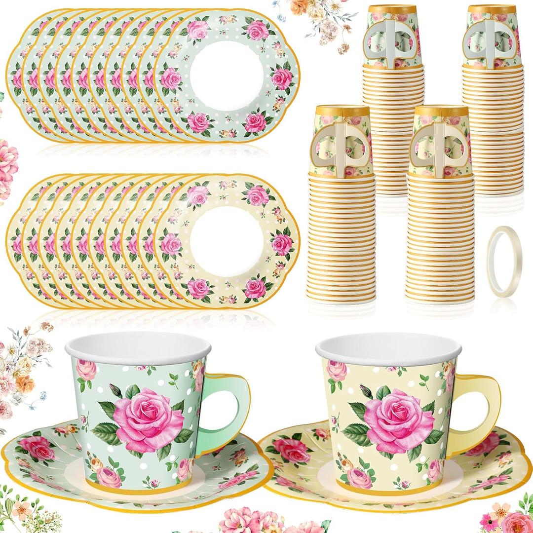 Umigy 60 Sets Tea Party Decorations 6.5 oz Floral Paper Tea Cups with Handle and Plates Disposable Blossom Teacups and Saucers Sets for Girls Kids Birthday Garden Wedding Party Supplies(Yellow, Green)