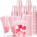 12oz Disposable Stemless Glasses with Flat Lids and Straws,PET Disposable Drinking Cups,Clear Plastic Wine Glasses for Parties Birthday,Wedding,Meeting,Christmas Party Supplies. (100, Pink)