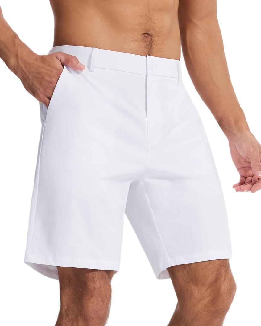 SNOWTEN Men's Golf Dress Shorts 9in Classic Fit Smooth Feel Breathable Cool Dry Comfort Stretch Water Repellent Finish Hidden Right Pocket 3 Pockets Work Golf Basic White,Size 34