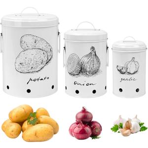 Kitchen Potato and Onion Storage Bin,Metal Vegetable Storage Bins Set of 3 with Aerating Holes and Lids,Farmhouse Canisters Sets for the Kitchen Countertop (1, Circular)