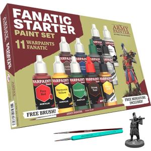 The Army Painter Warpaints Fanatic: Starter Set Combo, 11 paints: 7 acrylic colours, 2 Metallics, 1 Wash, 2 Brushes & 1 Free Miniature figure, For models and miniature painting