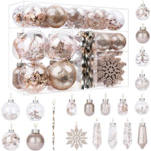 SHareconn 52pcs Christmas Balls Ornaments Set, Shatterproof Plastic Clear Decorative Baubles for Xmas Tree Decor Holiday Wedding Party Decoration with Hooks Included, Champagne