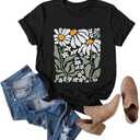 Cute Boho Floral Graphic T-Shirt for Women Vintage Daisy Wildflower Print Tee Trendy Summer Casual Tops, Size S