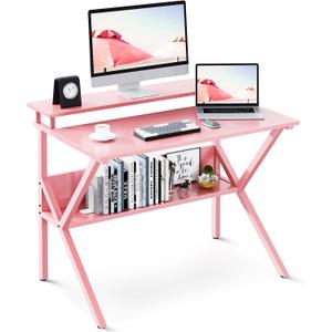 ODK Small Desk, 27.5 Inch Computer Desk for Small Spaces, Study Desk with Storage & Monitor Stand, Pink