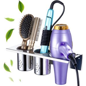 Hair Tool Organizer, Blow Dryer Holder Wall Mounted, Hot Tools Holder Storage for Brush, Hair Dryer, Straighteners, Curling Iron Holder Stainless Steel, Hair Styling Tools Organizer with 2 Cups