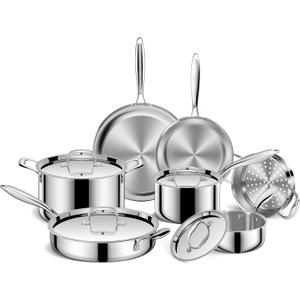 EWFEN Pots and Pans Set, 3 Ply 11 Piece Stainless Steel Cookware Set, Oven Dishwasher Safe | Induction Compatible Frying Pans, Saucepans, Saute Pan & Stock Pot, PFOA Free Kitchen Skillet