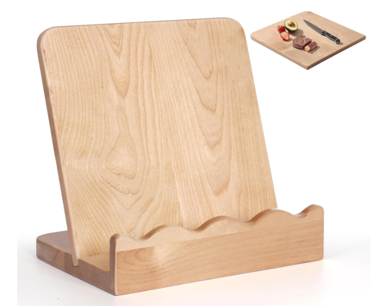 Scalloped Wooden Cookbook Stand with Removable Cutting Board – Adjustable Recipe Book Holder, Charcuterie Board & Kitchen Serving Tray – Kitchen Counte Decor/Maple Wood