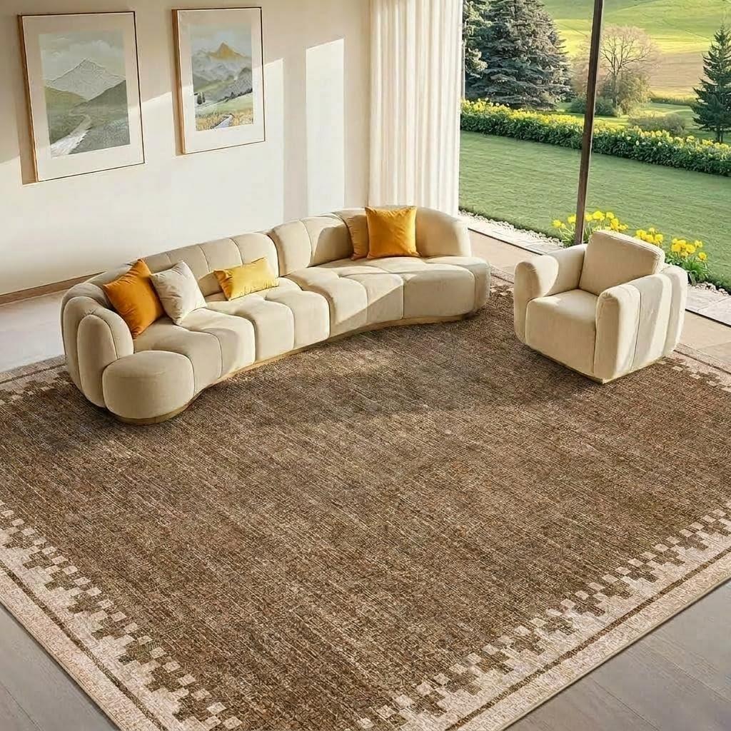 GarveeHome 5x7 Area Rug Washable Living Room Non Slip Modern Border Large Bedroom Throw Carpet Soft Stain Resistant Geometric Dining Room Rug Low Pile Cross Carpets for Nursery Dorm Home Office, Brown