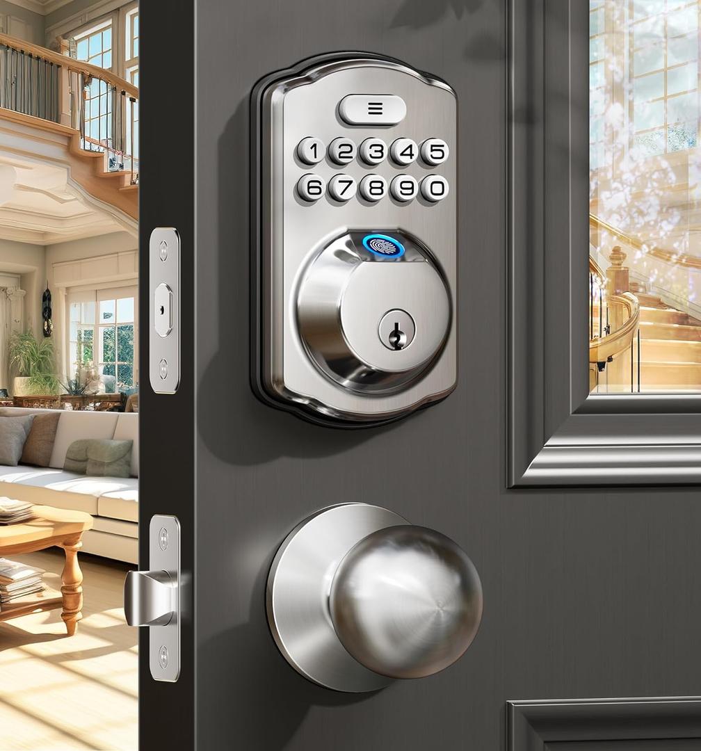 Veise Fingerprint Door Lock with 2 Knobs - Keyless Entry Door Lock with Handle, Electronic Keypad Deadbolt, Smart Front Handle Set, Auto-Locking, Waterproof, Easy Installation, Satin Nickel