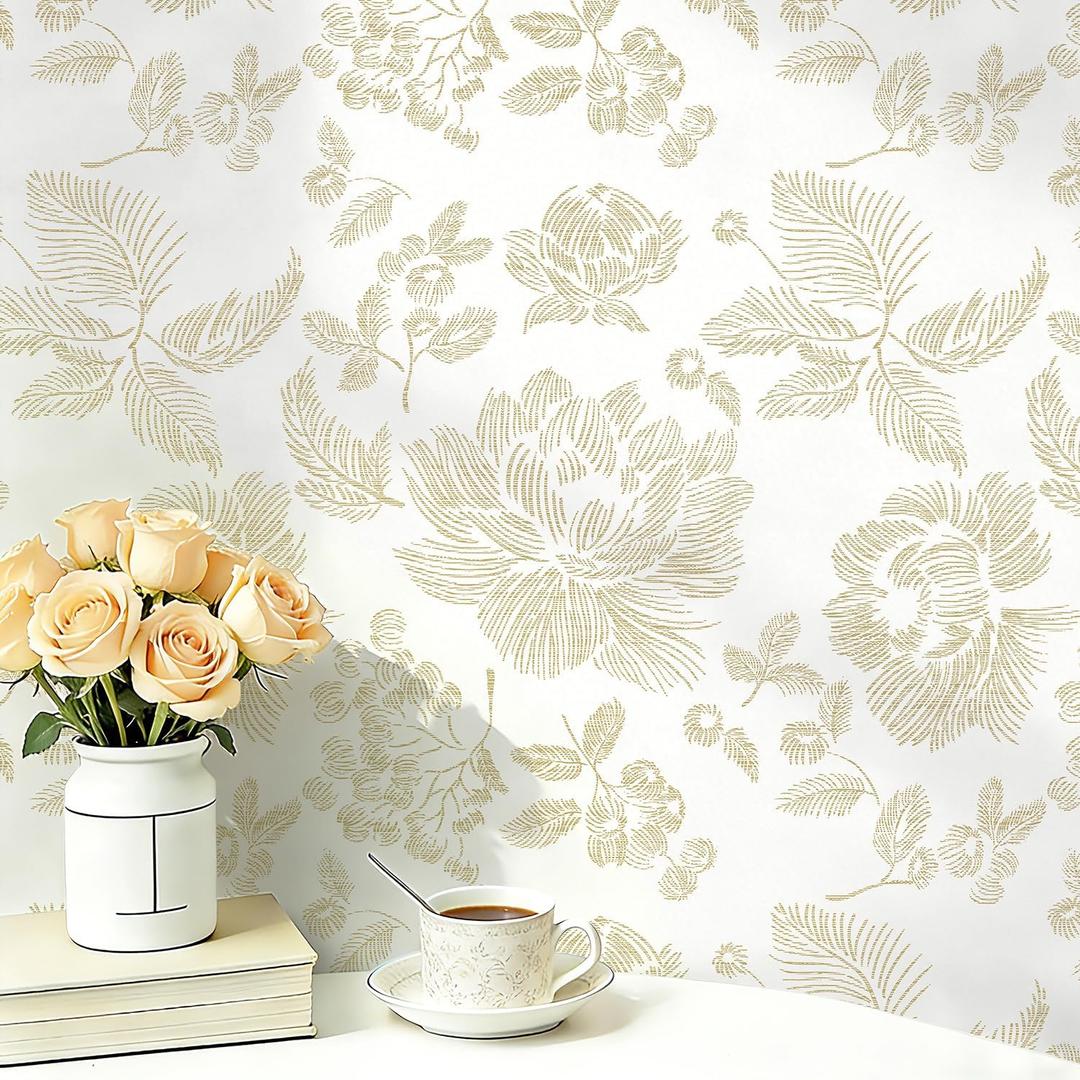 Safiyya Floral Peel and Stick Wallpaper Beige and White Contact Paper Modern Wall Paper Self Adhesive Farmhouse Removable Wallpaper for Bedroom Bathroom Vinyl Roll 17.3"x 78.7"
