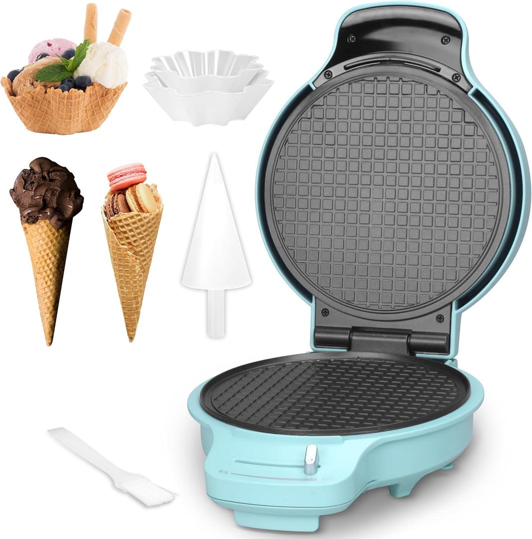 Baker's Friend Waffle Cone Maker Machine with Browning Control, Nonstick Waffle Bowl Maker, 7.5 Ice Cream Cone Maker, Thin Waffle Maker Crispy, Aqua