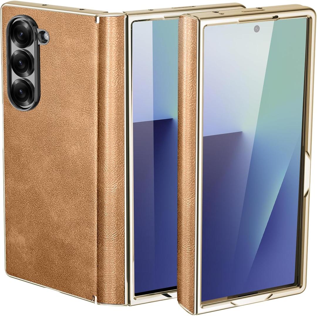 Leather Phone Case for Samsung Galaxy Z Fold 7, Military-Grade Drop-Proof, with Screen Protection, Shell and Film Integrated, Ultra-Durable Case for Galaxy Z Fold 7 Case,Brown Gold