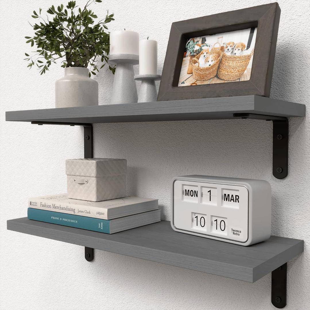 RICHER HOUSE Rustic Wood Bathroom Shelves Set of 2, Farmhouse Style Floating Shelf for Wall Dcor, Hanging Shelves for Bedroom, Storage, Kitchen, Living Room - Grey
