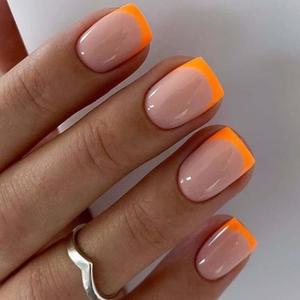 Square Press on Nails Short Fake Nails French Acrylic Full Cover False Nails for Women and Girls 24PCS (Orange French)