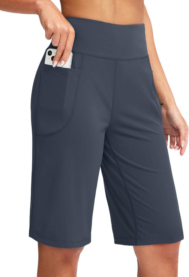 SANTINY Women's 12" Bermuda Shorts Knee Length with Pockets High Waisted Long Shorts for Women Stretch Casual Walking Small