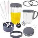 Replacement Parts for NutriBullet, 2 Cups, Extractor Blade, 2 Resealable Lids, 2 Gasket, 2 Gear, 3 Shock Pads, Lid Ring, Lid Ring with Handle & Cleaner Brush for Nutribullet 900W/600W (15-Piece)