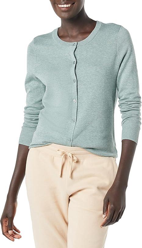 Amazon Essentials Women's Lightweight Crewneck Cardigan Sweater  (Sage Green Heather) S