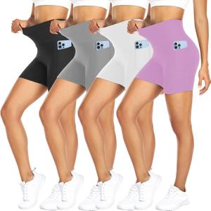 FULLSOFT 4 Pack Biker Shorts for Women with Pockets  5" High Waisted Tummy Control Workout Yoga Running Gym Tennis Shorts (Small-Medium, 4 Pack Black/ Light Grey/ White/ Light Purple)