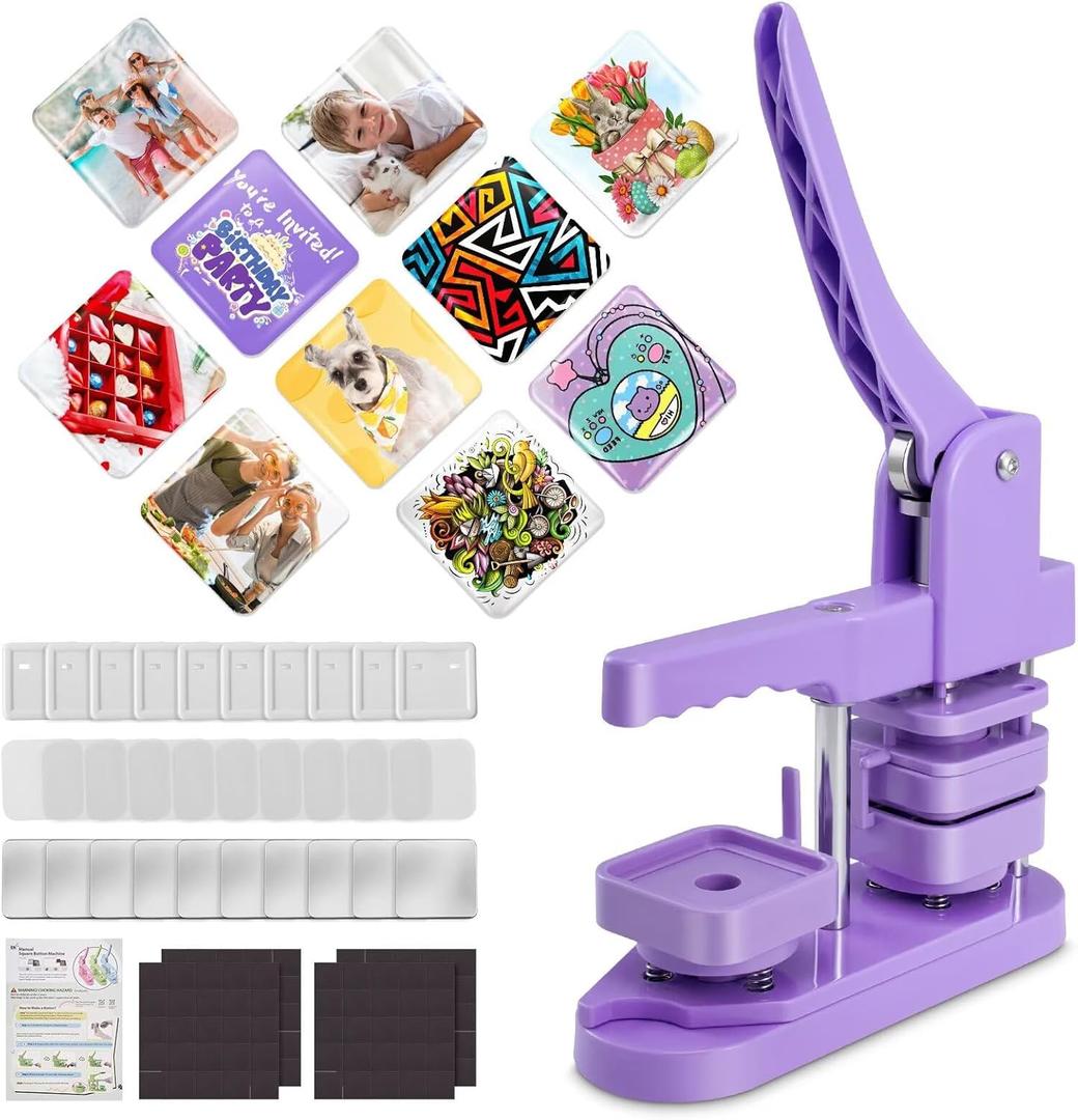 Square Magnet Button Maker Press Machine with 100 Sets Square Badge Making Supplies 2'' x 2'', Custom Fridge Badges  Ideal for Parties, Events, Business, School (Purple)