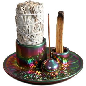 4 in 1 Multifunctional Ceramic Incense and Candle Holder with Ash Catcher Tray Suit for Burning White Sage, Palo Santo Sticks (Colorful)