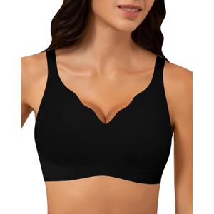 Wireless Bra Women Seamless Push Up Support Comfort V Neck Full Coverage Sleep T-Shirt Everyday Bras (Black)