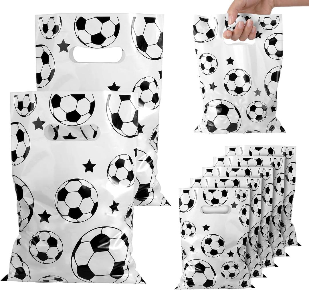 PEUTIER 50pcs Soccer Gift Bags, Plastic Soccer Party Bags Soccer Goodie Goody Snack Treat Candy Bags Soccer Present Party Favor Bags for Team Kids Teens Games Sports Events Supplies (White)